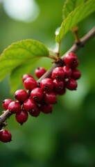 Red coffee cherries ready for harvest on branch, photography, sun, beverage