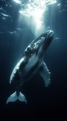 Humpback whale underwater with light filtering through the surface.