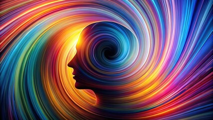 Abstract Colorful Swirling Vortex Within a Profile of a Human Head, Representing Inner Thoughts and Emotions