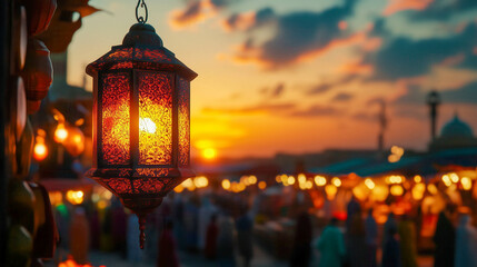 Ornate lantern illuminating a bustling marketplace at sunset