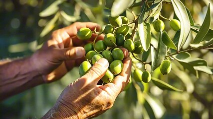 Hands of male farmer picking green olives from tree branch close-up at sunset in the garden. Growing organic healthy olives, ingredient for making olive oil. Olive harvest