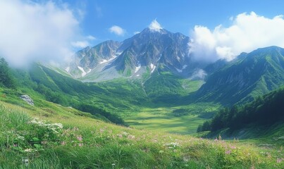 Fototapeta premium Majestic Mountain Range Above Scenic Valley with Rolling Clouds and Lush Greenery: Breathtaking Nature Landscape Ideal for Wilderness Adventures and Spiritual Retreats, Generative AI