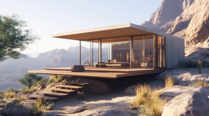Obraz premium Modern minimalist house on mountaintop with stunning view.