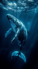 Fototapeta premium Humpback whale underwater with light filtering through the surface.