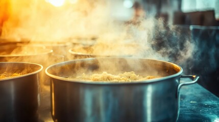 Steaming Pots Of Food In A Busy Kitchen