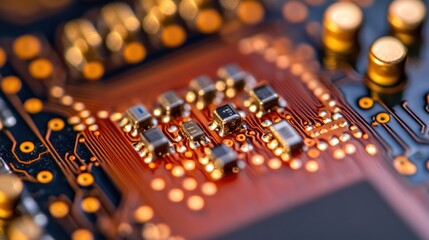 Obraz premium Close-up Circuit Board Components, illuminated, tech background, design