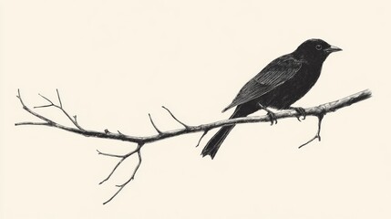 Black bird perched on a bare branch.