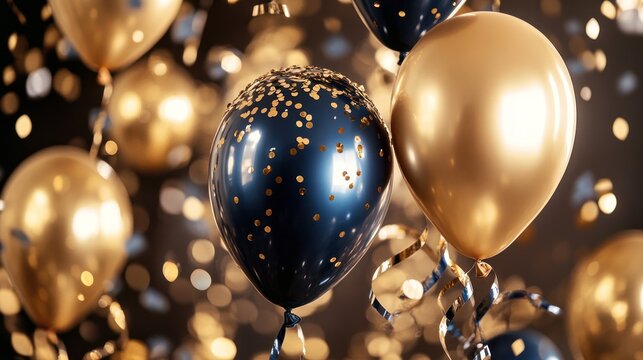 Elegant Gold, Blue Balloons, Confetti, Celebration