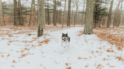 Happy dog running on snowy trail in winter woods.