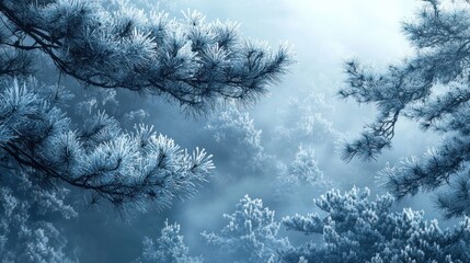 Frosty pine branches, misty mountain forest, winter wonderland, holiday card