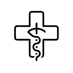 Obraz premium Medical cross icon with snake and eye in outline style