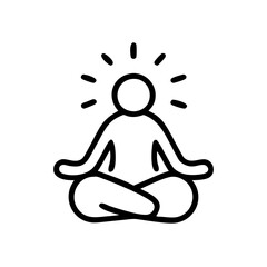 Meditating figure icon with rays in black outline style