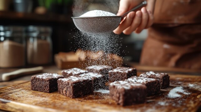 Baker sifting powdered sugar onto brownies in kitchen