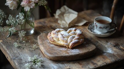 Heart-shaped pastry on rustic wooden board with tea and flowers.
