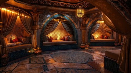 Obraz premium Luxurious ornate room with alcoves, plush cushions, and warm lighting.