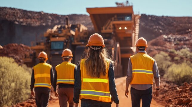 Mining engineers walk towards large excavator, outback
