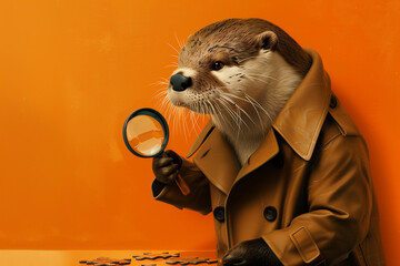 Detective Otter Inspecting Puzzle Piece on Bold Orange Background