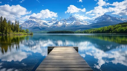 Obraz premium Mountain Lake Serenity Wooden Dock Peaceful Scene