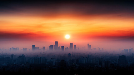 Fototapeta premium sunset view of modern city skyline with vibrant colors and mist
