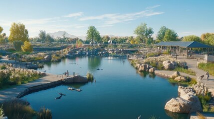 Serene Pond Landscape With Walking Paths And Pavilion