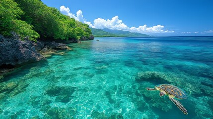 Beneath Crystal Clear Waters, a Sea Turtle Gracefully Swims Among Rocks and Marine Vegetation on a Sunny Day
