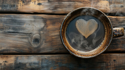 Warm Coffee Mug with Heart Shape on Rustic Wooden Table