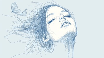 Fototapeta premium Serene woman sketch, eyes closed, hair blowing, butterfly.