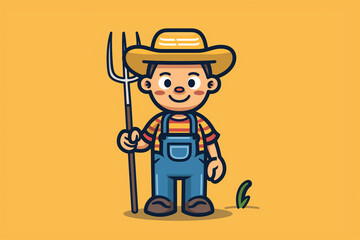 Cartoon Vector of Cute Character in Overalls and Straw Hat with Pitchfork