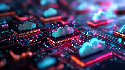 abstract representation of cloud technology with vibrant colors and digital elements, showcasing interconnected cloud icons