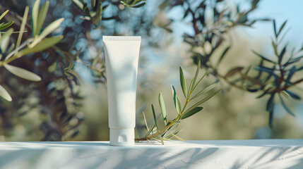 Close-up of a white cream tube with a place for your logo on a background of olive trees. Selective focus. Advertising banner concept for your cosmetic product with olive oil content