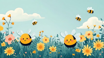 Happy Bees in a Sunny Flower Garden