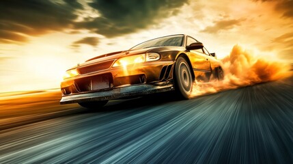Fototapeta premium Fast Car Rally Launching Over Hill at Sunset