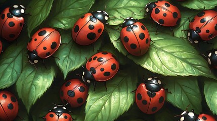 A Gathering Of Ladybugs On Lush Green Leaves