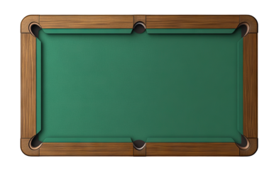 Top view of classic pool table, isolated on transparent cutout background