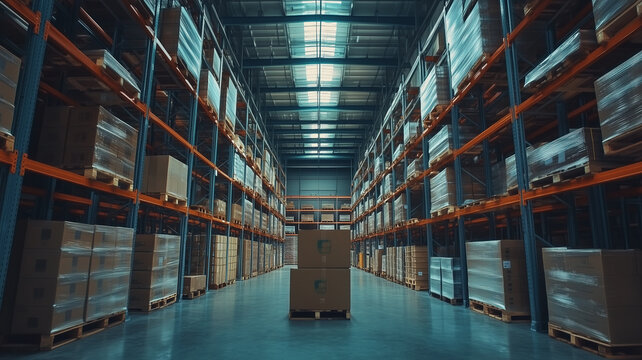 Extensive Warehouse Storage Facility with Pallets and Boxes
