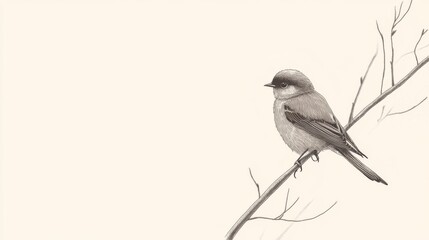 Obraz premium A grayscale illustration of a small bird perched on a bare branch against a light beige background.