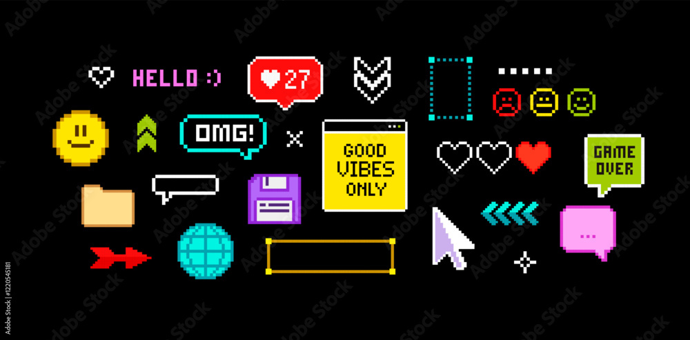 Poster 8-bit pixels game elements set of 90's aesthetics. retro game vector elements and pixel icons. retro