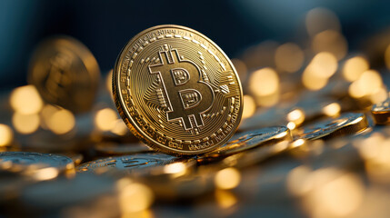 Bitcoin coin floating over pile of gold coins, symbolizing wealth and investment