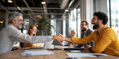Diverse business team celebrating successful agreement in modern office