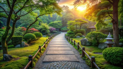 Serene Japanese Garden Pathway at Dawn, nature, foliage, nature, foliage, greenery, trees, pathway, mist, landscape
