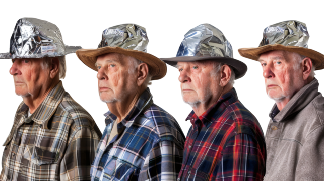 Set of senior men in tin foil hats, isolated on white background.