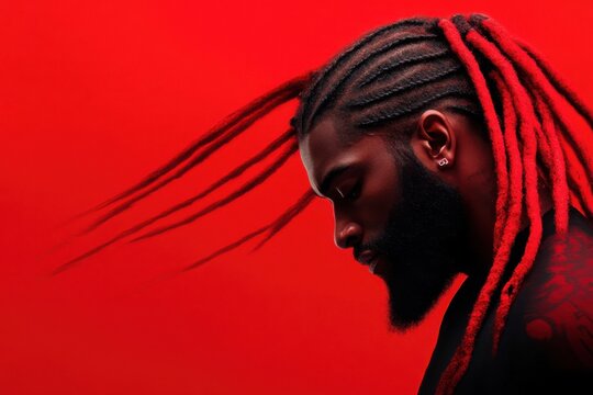 Young man with red dreadlocks and beard posing on red background