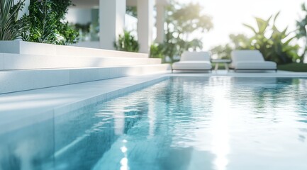 Fototapeta premium Serene Modern Poolside Oasis With Pristine Water Features During Golden Hour Light in a Tranquil Garden Setting