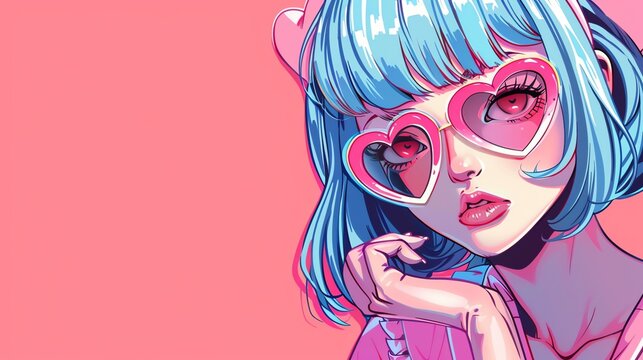 A cartoon style illustration of a woman with blue hair wearing pink heart-shaped sunglasses.