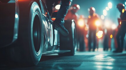 Lifting Car During Quick Pit Stop with Natural Lighting