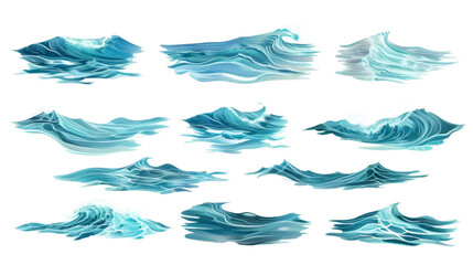 Set of sea water surfaces, isolated on a white background