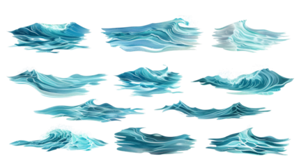Set of sea water surfaces, isolated on a white background