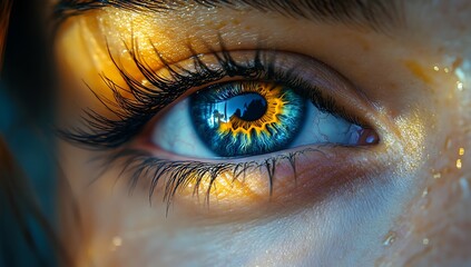 Fototapeta premium Macro shot highlighting the intricate details of an eye with golden hues and reflective light effects.