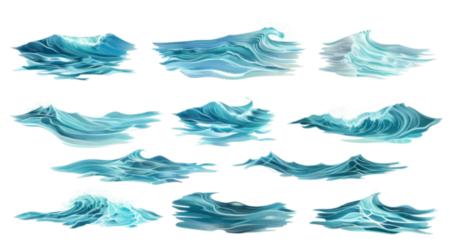 Set of sea water surfaces, isolated on a white background