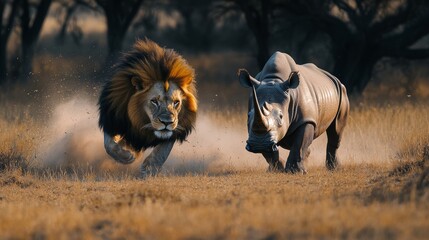 Close Encounter Between a Lion and a Rhino in the Savanna During the Golden Hour, Showcasing the Beauty of African Wildlife